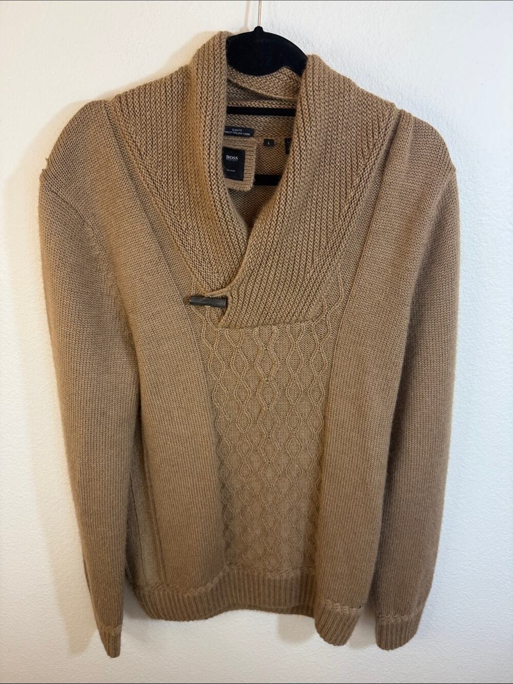 BOSS Men’s Camel Shawl Collar Turtleneck Cable Knit Sweater